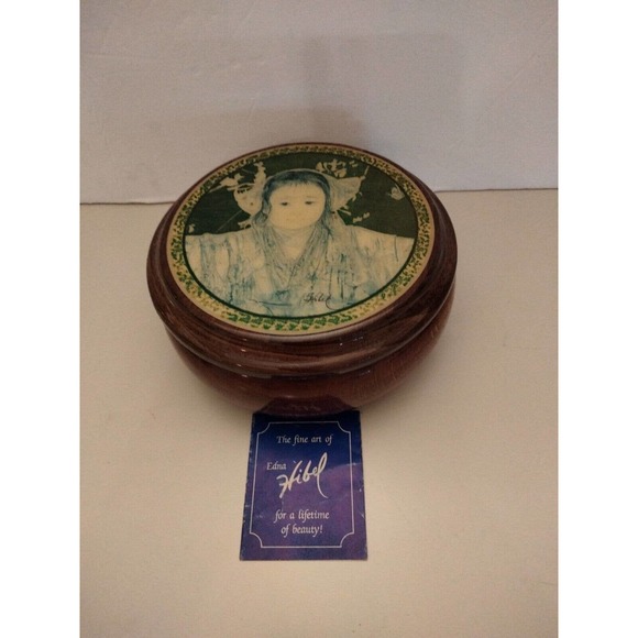 Vintage Edna Hibel Round Wood Jewelry/ Trinket Box Signed 6" round - 2.5" tall - Picture 1 of 7